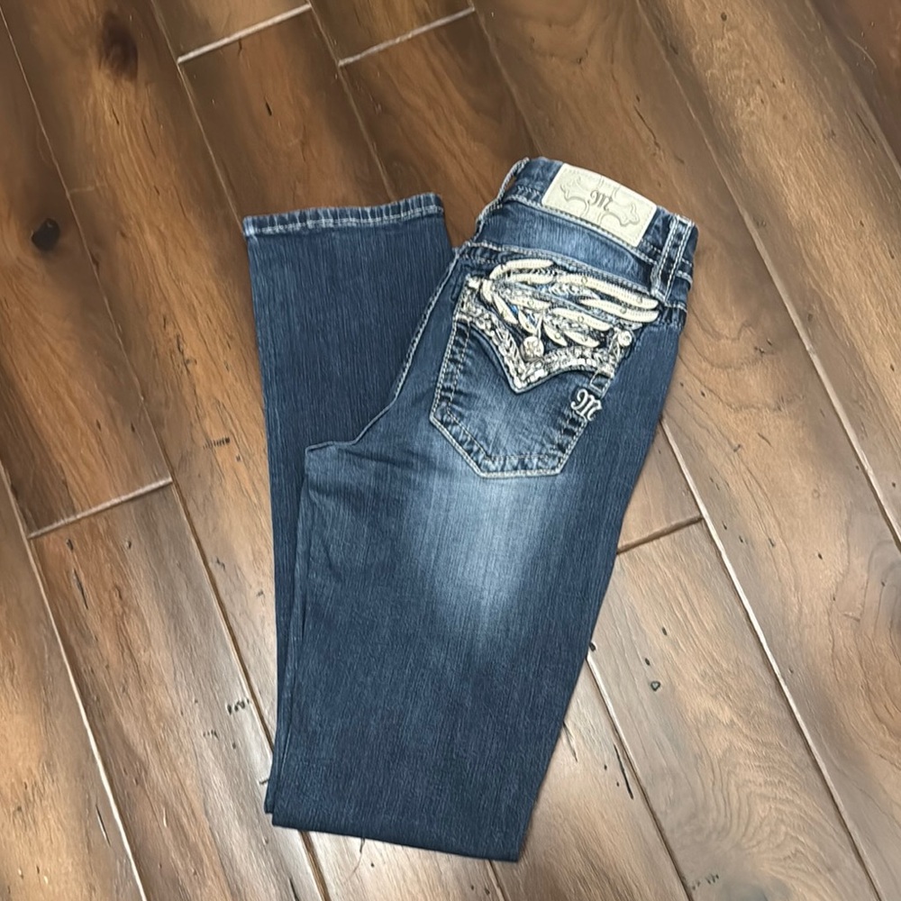 Miss Me Dark Blue Straight Leg Jeans with Embellished Pockets